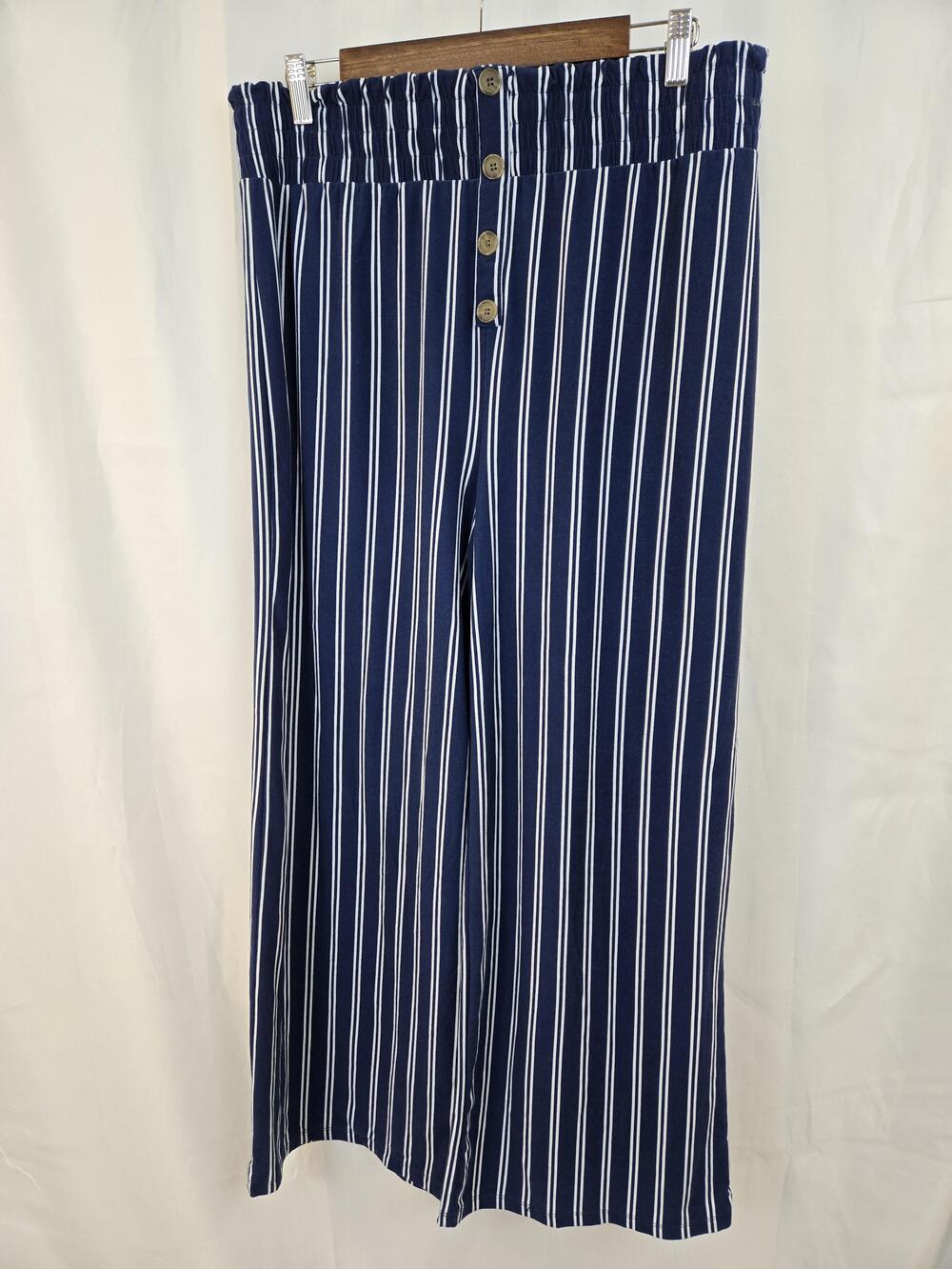 Kristin Nicole Pants Womens Large Blue White Stripe Paperbag Wide Leg Pull On